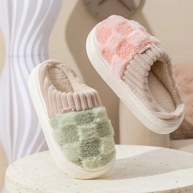 Women's plush indoor slipper in a choice of colours, showing round toe design, coral velvet upper, and textured non-slip PVC sole.
