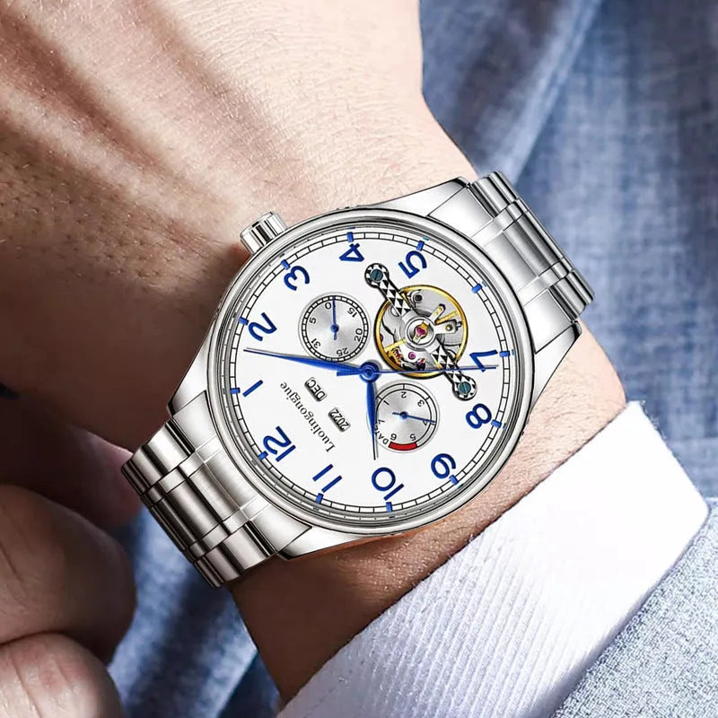 Men's stainless steel mechanical watch with hollow dial, sapphire glass, and genuine leather strap.