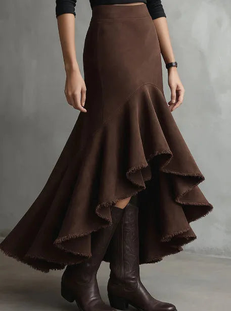 Western brown high-low maxi skirt with ruffle accents in eco suede-look polyester fabric