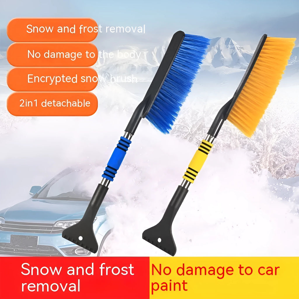 Blue and yellow long-handled car snow brush and ice scraper with plastic construction