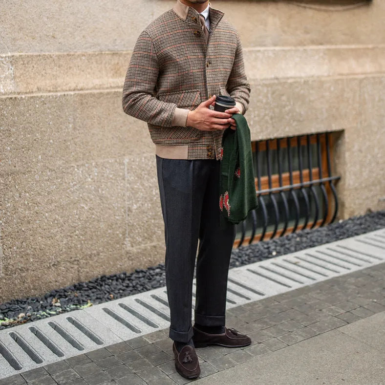 Brown wool blend tweed fleece cropped slim-fit bomber jacket with stand-up collar and front zip