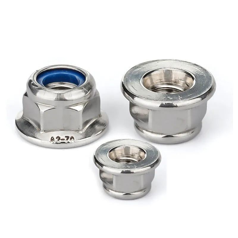 Stainless steel flange nylon lock nut with hexagonal head on white background