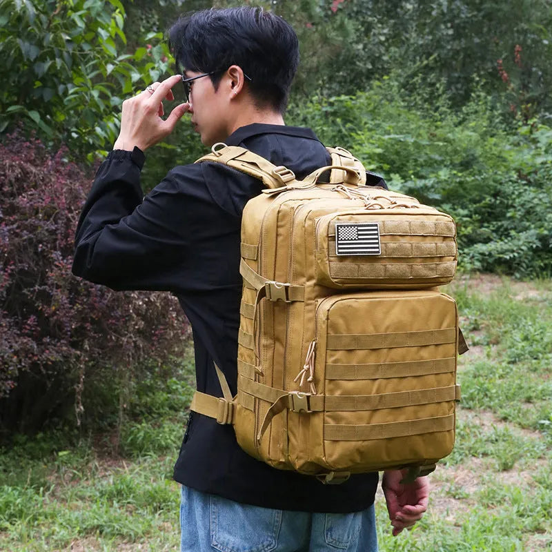 56-75L large outdoor travel waterproof backpack in oxford cloth with camouflage pattern and sewing line detail