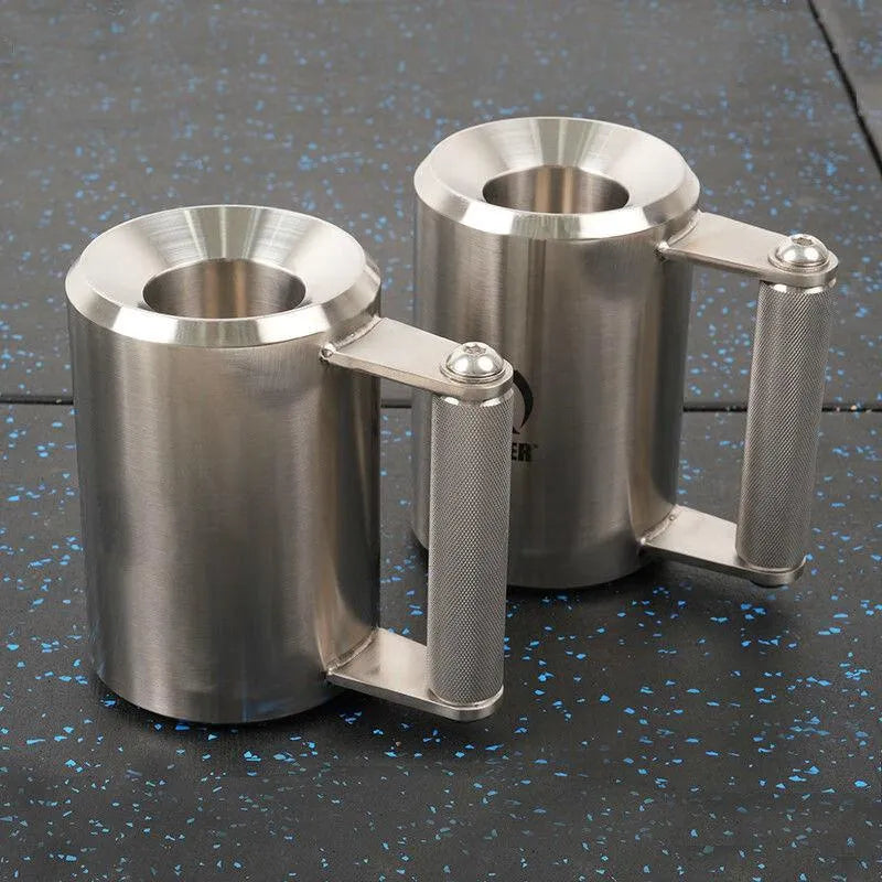 Silver 8kg stainless steel cast iron dumbbell cup weight plate on gym floor.