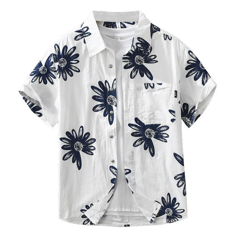 White loose-fit short sleeve cardigan shirt hanging, showing its oversized Japanese style.