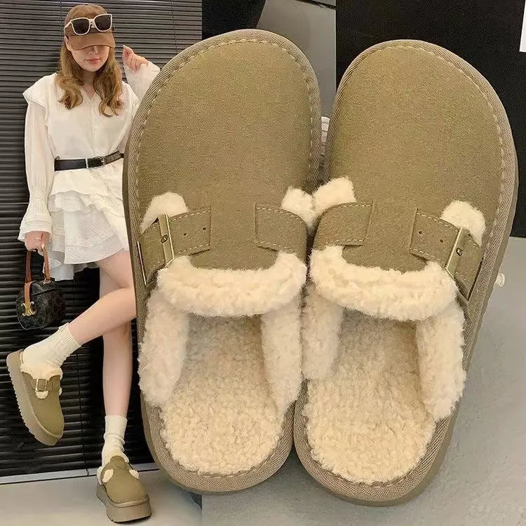 Retro thick-soled furry slippers for women in Antelope colour with round toe and flat heel