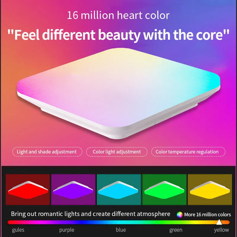 RGBCW full colour square ceiling light 24W with remote control and intelligent dimming, modern indoor ceiling fitting.
