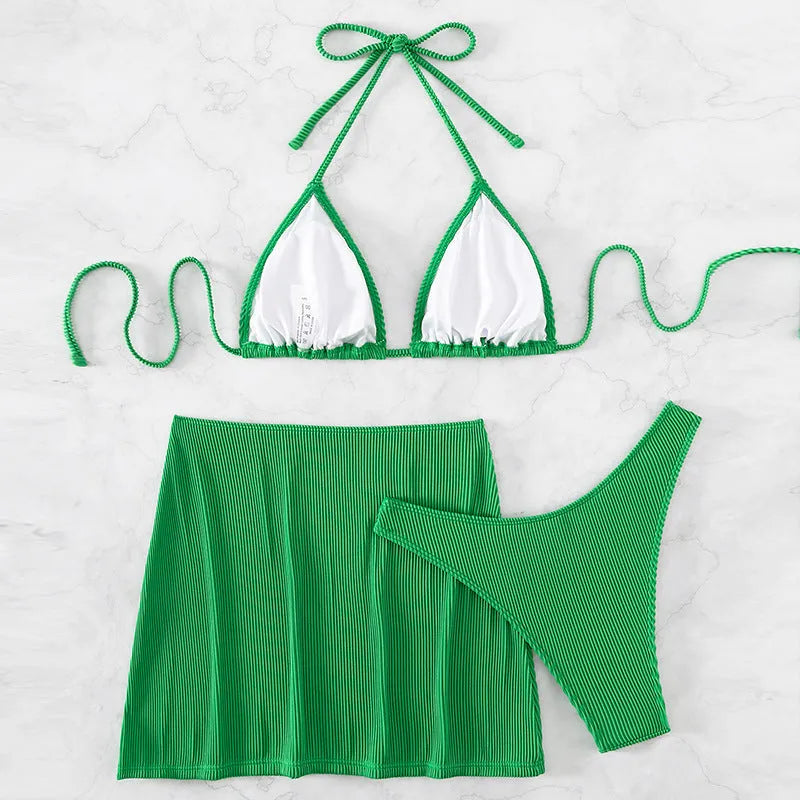 Three-piece bikini swimsuit set in small rib polyester fabric for swimming activities