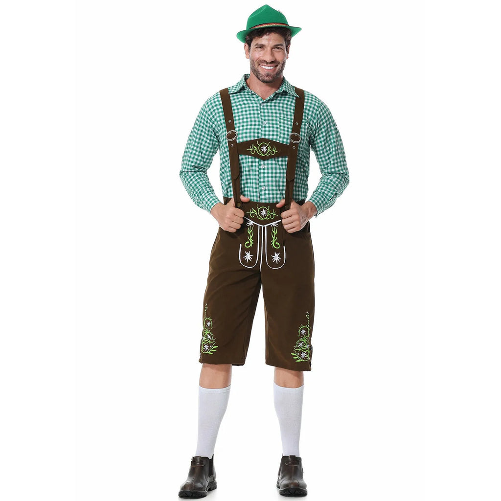 Men's plaid suspenders suit set in black with hat, top, camisole, and pants, polyester fabric, embroidery details