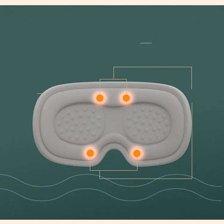 Portable eye SPA massage goggles showing super fibre material and suede shell, with USB cable connection for heating and vibration functions