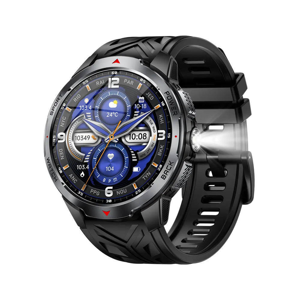 Smart watch with Bluetooth calling and heart rate monitor on wrist, black silicone strap