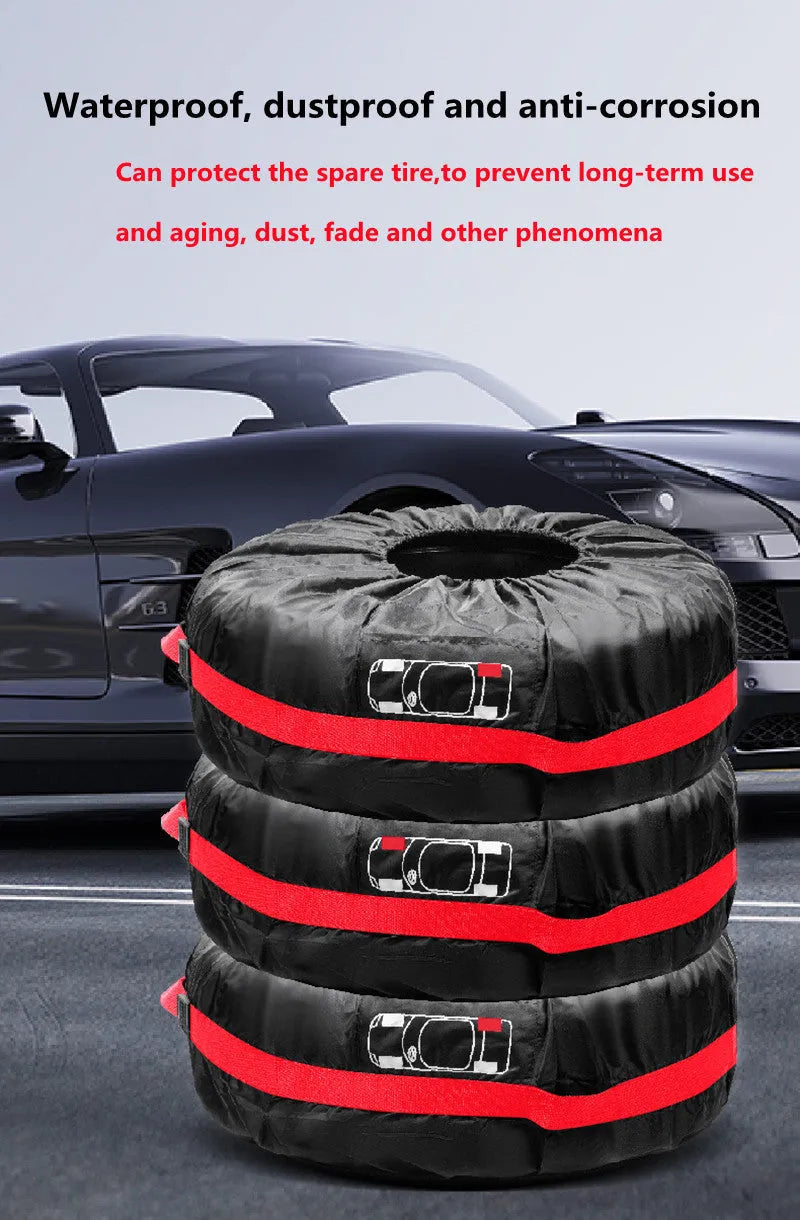 Set of four black polyester car tyre protective covers with a red belt style detail.