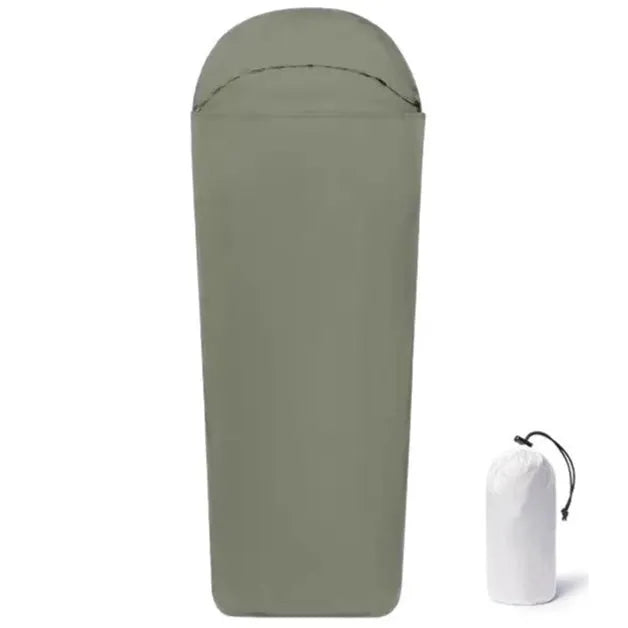 Blue lightweight nylon mummy sleeping bag for adult camping, shown with dimensions 210x80x60cm.