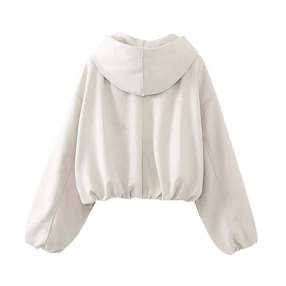 Women's suede hooded casual jacket in white or black colour with Asian sizing
