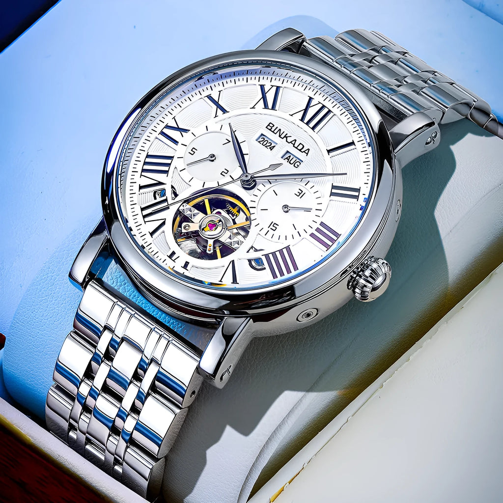 Men's mechanical automatic waterproof watch with stainless steel bracelet in business style