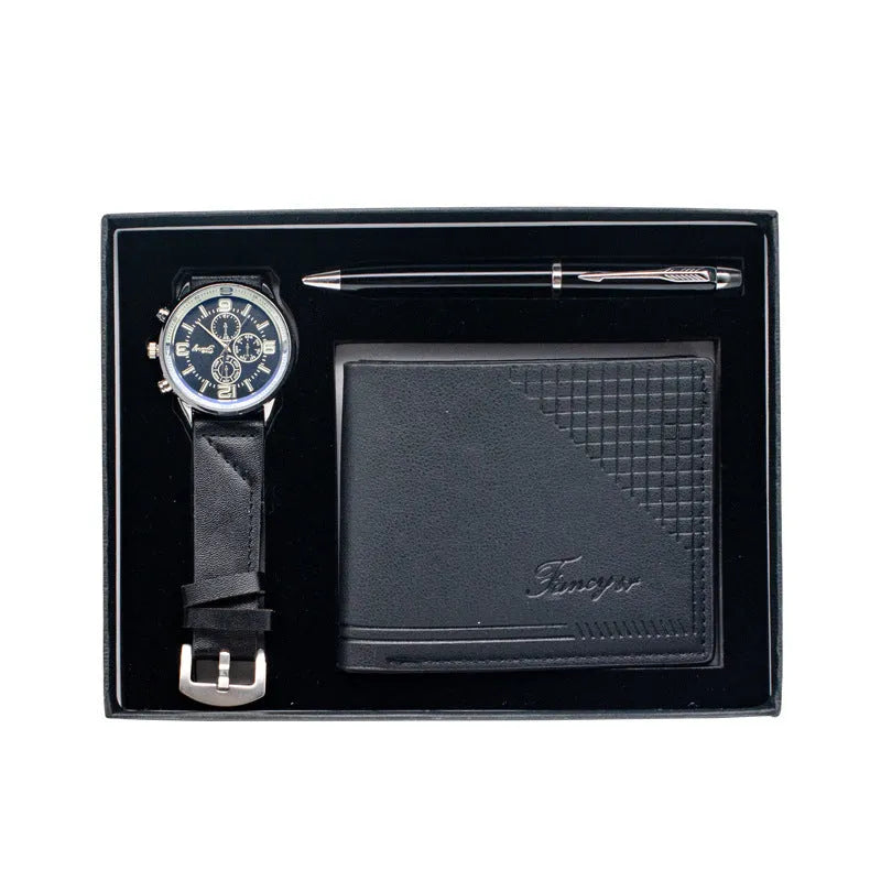 Modern business gift set showing wallet, pen and watch in brown and black colour options with gift box