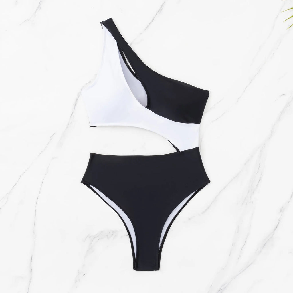 Black women's one-piece swimsuit with white contrast stitching and hollowed sleeveless design