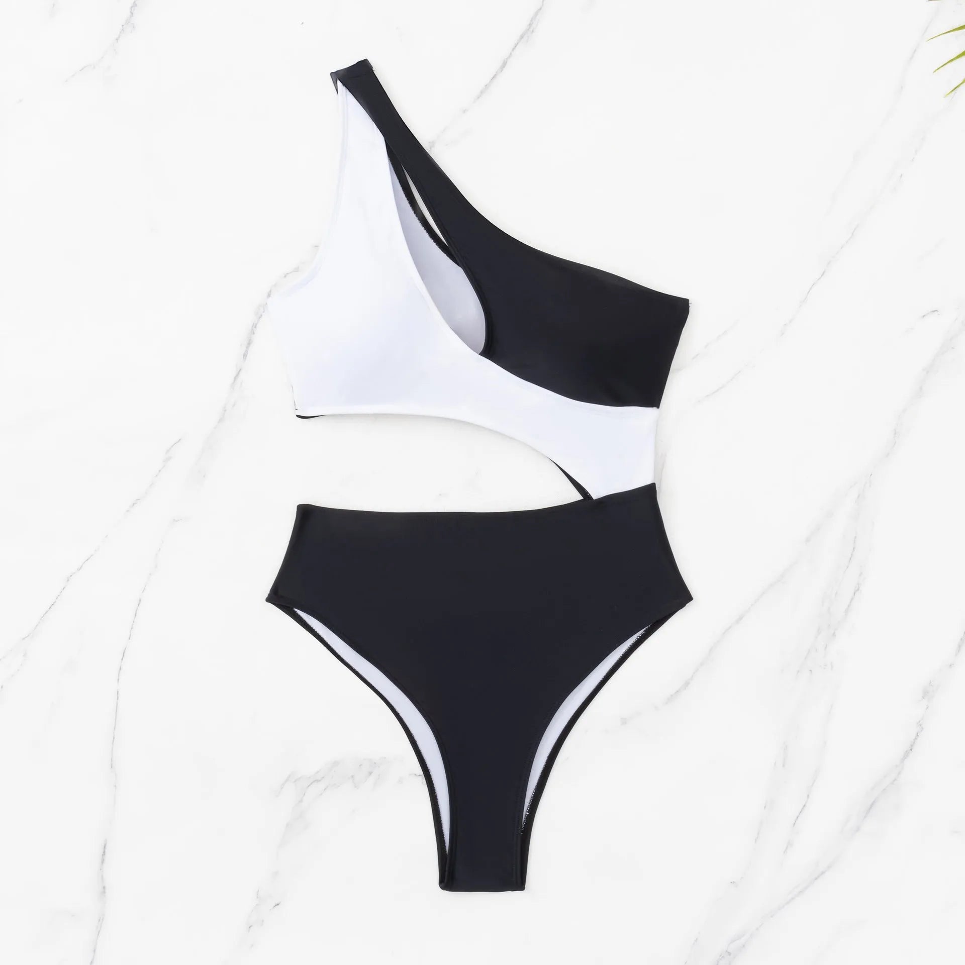 Black women's one-piece swimsuit with white contrast stitching and hollowed sleeveless design