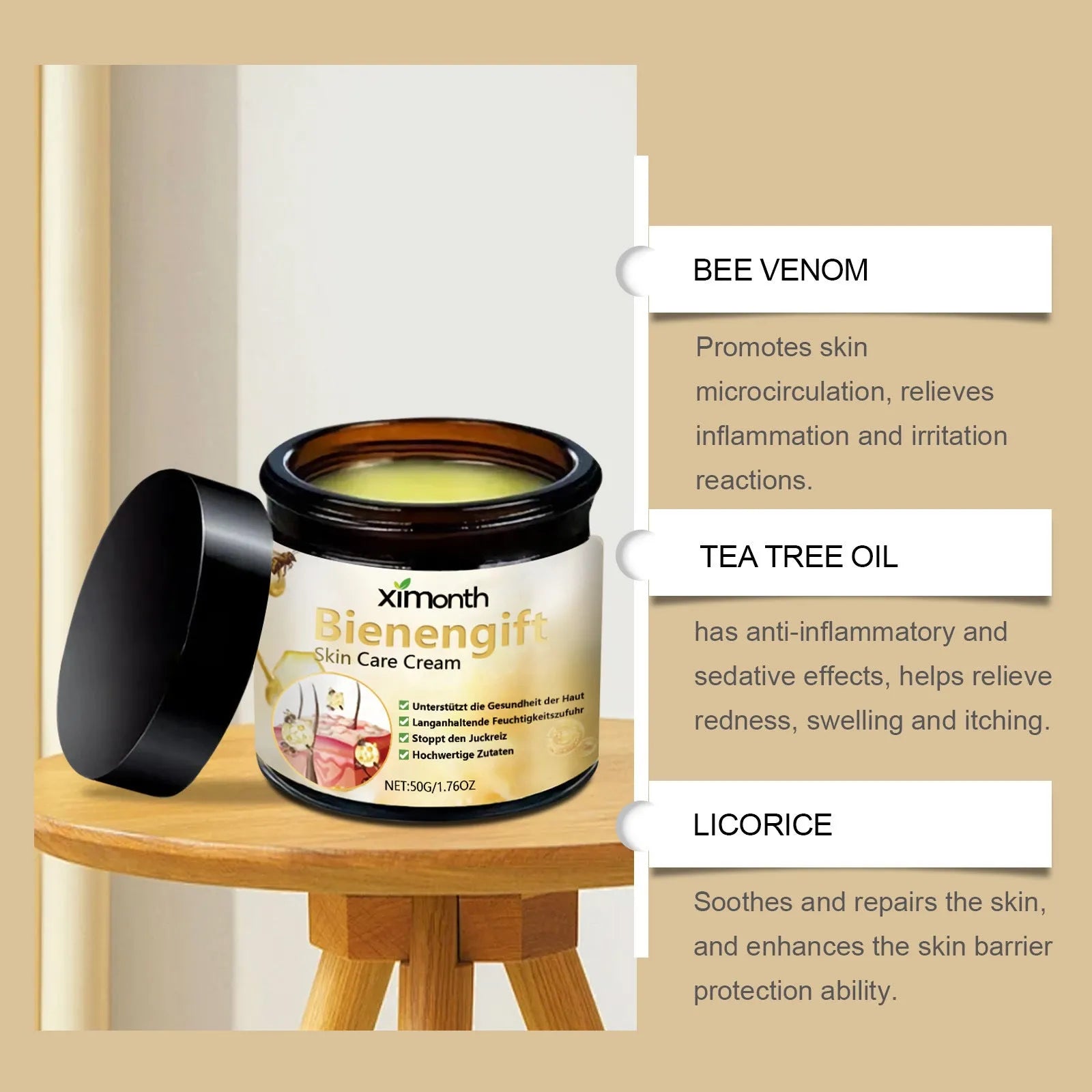 50g jar of bee venom moisturising neck cream with mint leaf and shea butter
