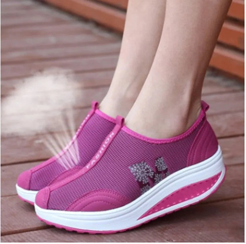 Women's casual wedge platform sneakers in 259 Black with mesh upper, round toe, and lace-up closure