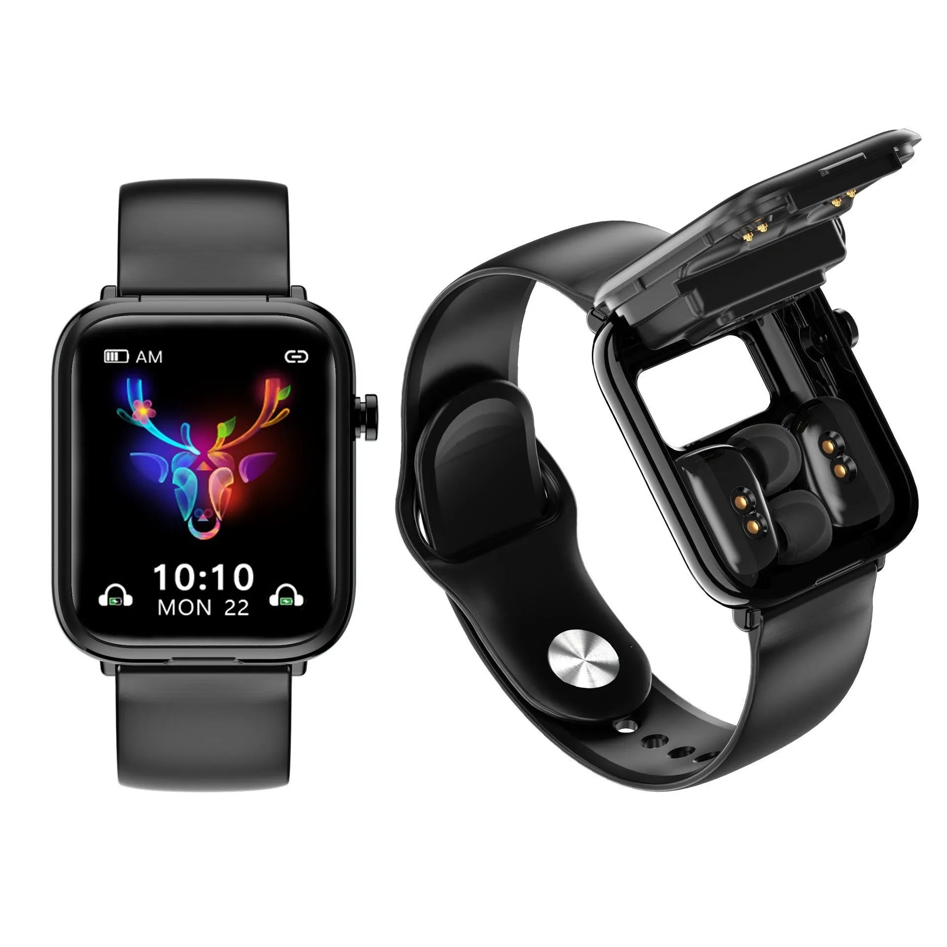 Black zinc alloy smartwatch with 1.69-inch touch screen displaying heart rate data.