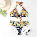 Women's printed high waist split bikini suit in striped pattern, quick-drying polyester spandex