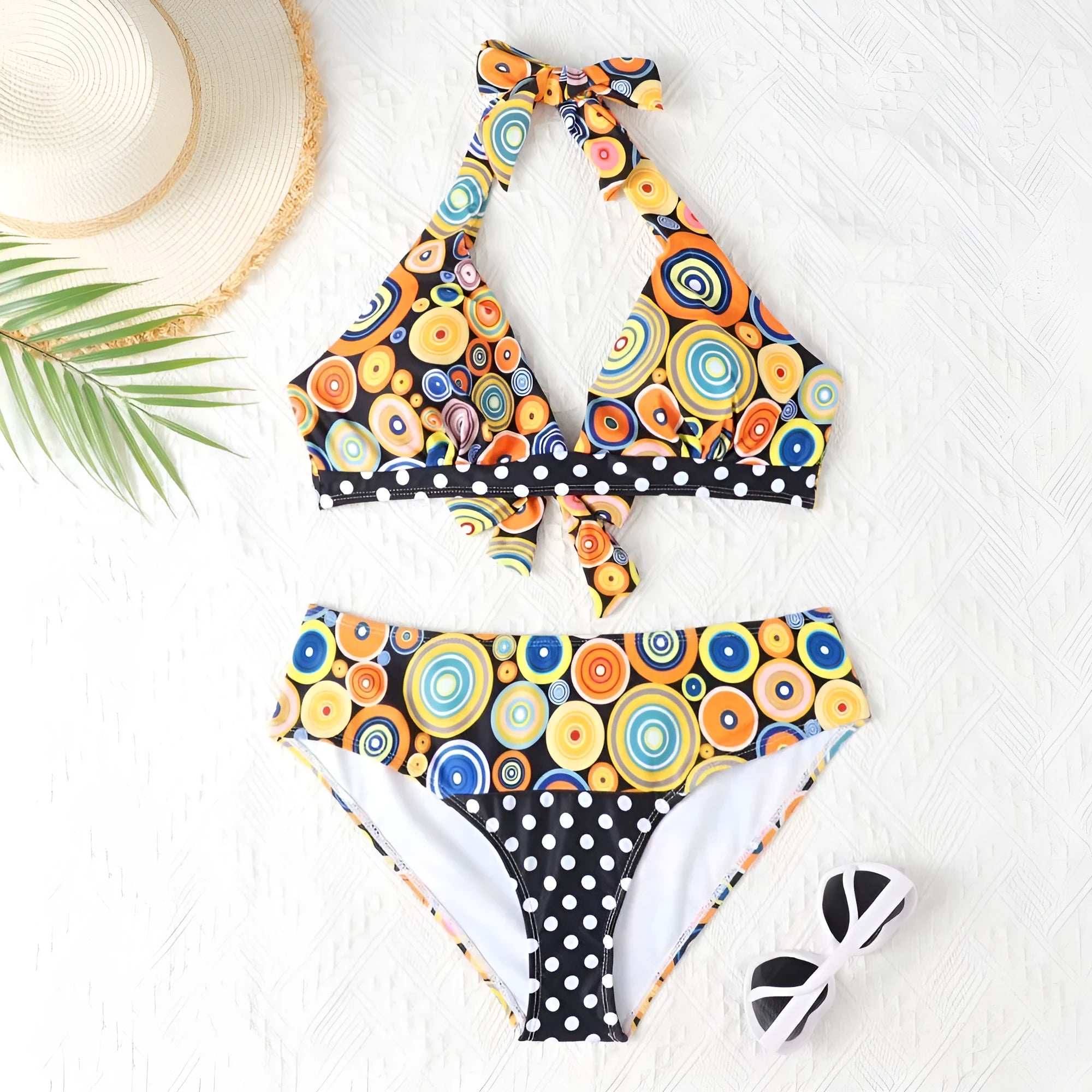 Women's printed high waist split bikini suit in striped pattern, quick-drying polyester spandex