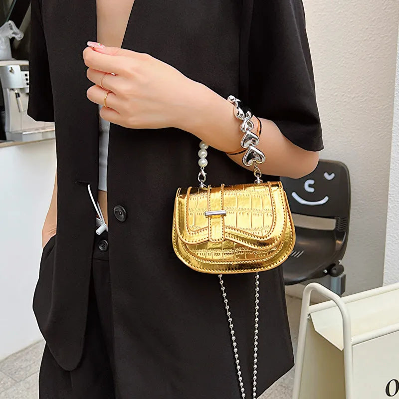 Women's laser pearl finish PU crossbody bag in horizontal square shape with single shoulder strap