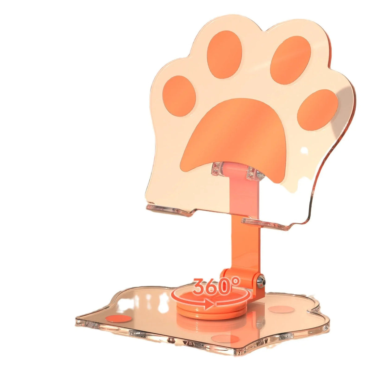 Acrylic rotating mobile phone stand in transparent acrylic with cartoon style, shown as a desktop phone holder in five colour options.