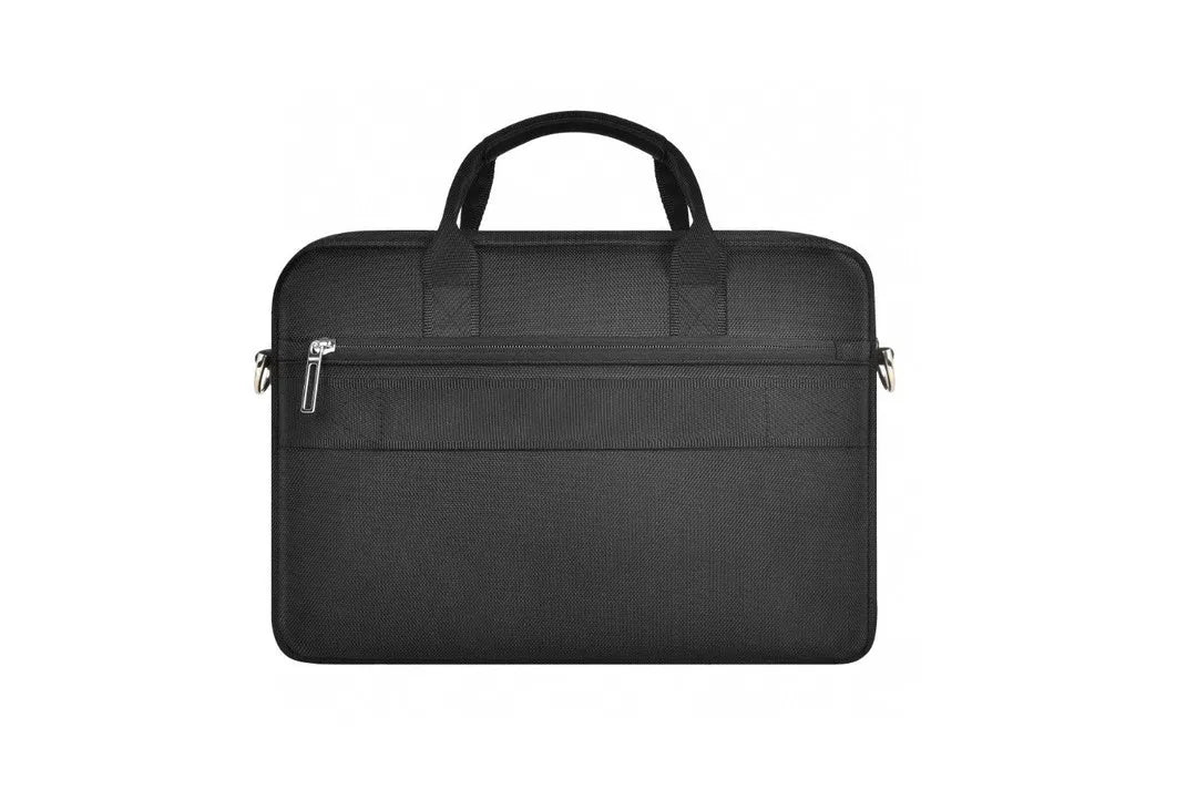 Black oxford cloth laptop handbag with multiple pockets and a separate computer compartment, shown in 14-inch and 15.6-inch sizes.