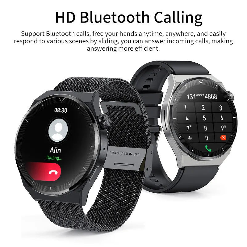 Black silicone strap silver case smartwatch with Bluetooth calling and health monitoring display