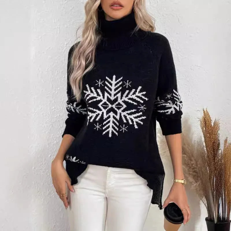 Women's high collar jacquard knit pullover sweater with plants and flowers pattern, medium length 65cm