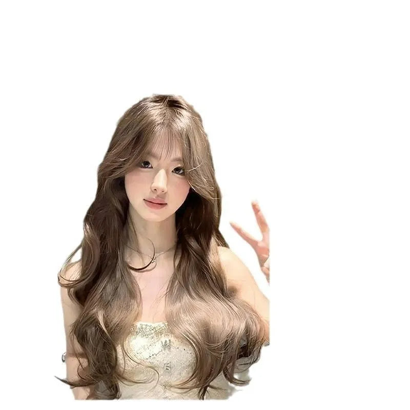 Long curly big wave wig for women in Filbert Gray and Brown with a natural style and hair net