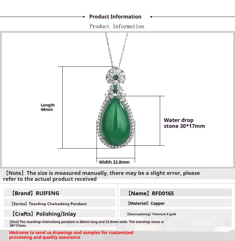 Green chalcedony water drop pendant with geometric ellipse shape and electroplated copper setting