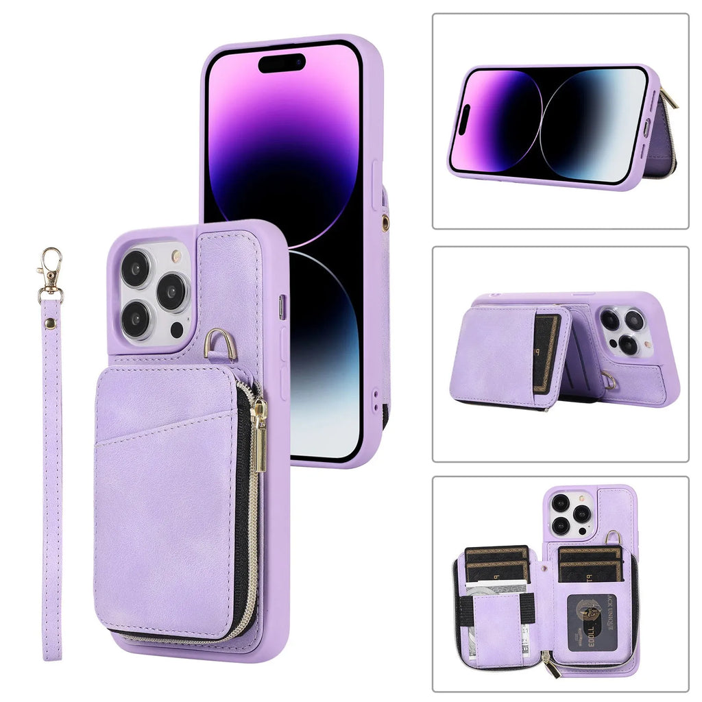 Leather wallet phone case with card holder, bracket and lanyard in pink, purple, wine red, brown, green or black