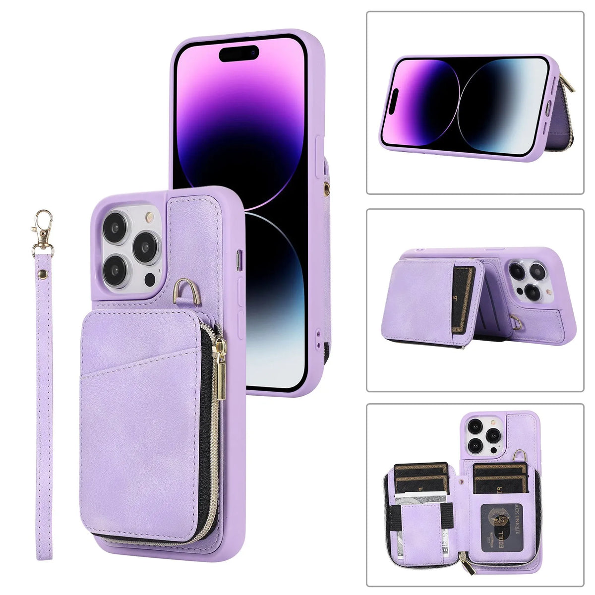 Leather wallet phone case with card holder, bracket and lanyard in pink, purple, wine red, brown, green or black
