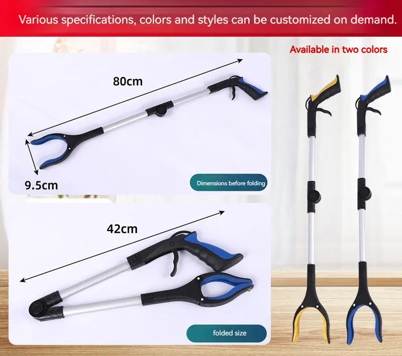 Silver foldable aluminium garbage clamp with blue handle extended to 80cm, showing magnet tip.