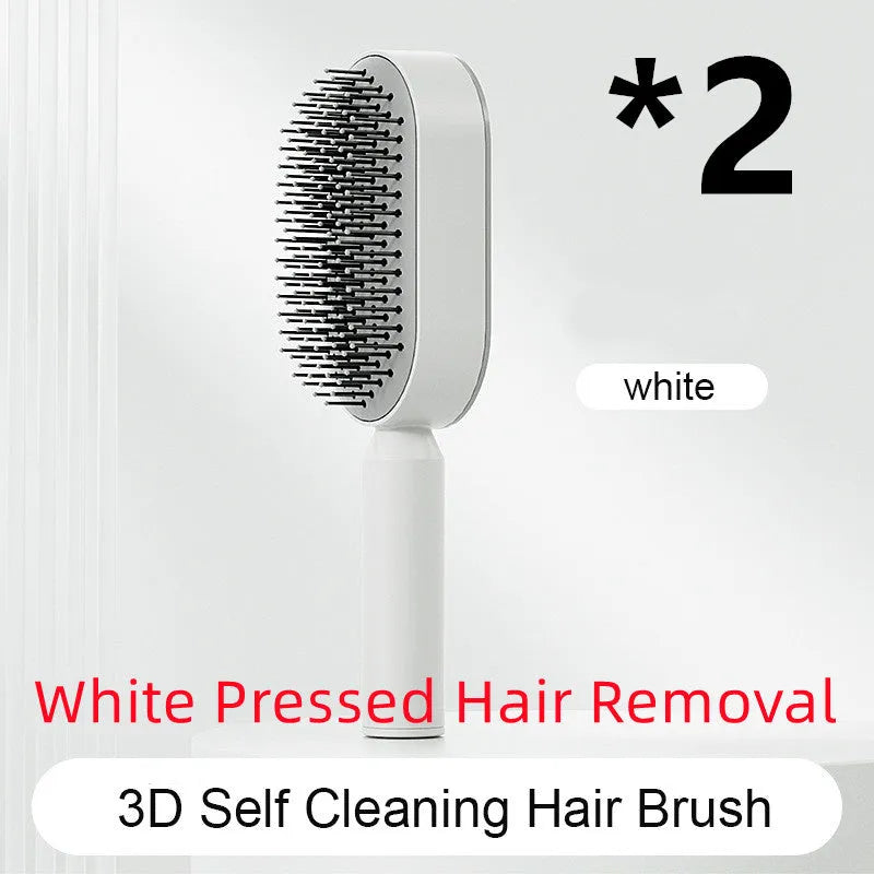 Self-cleaning air cushion hair brush in white, black gold, or black purple with ergonomic handle