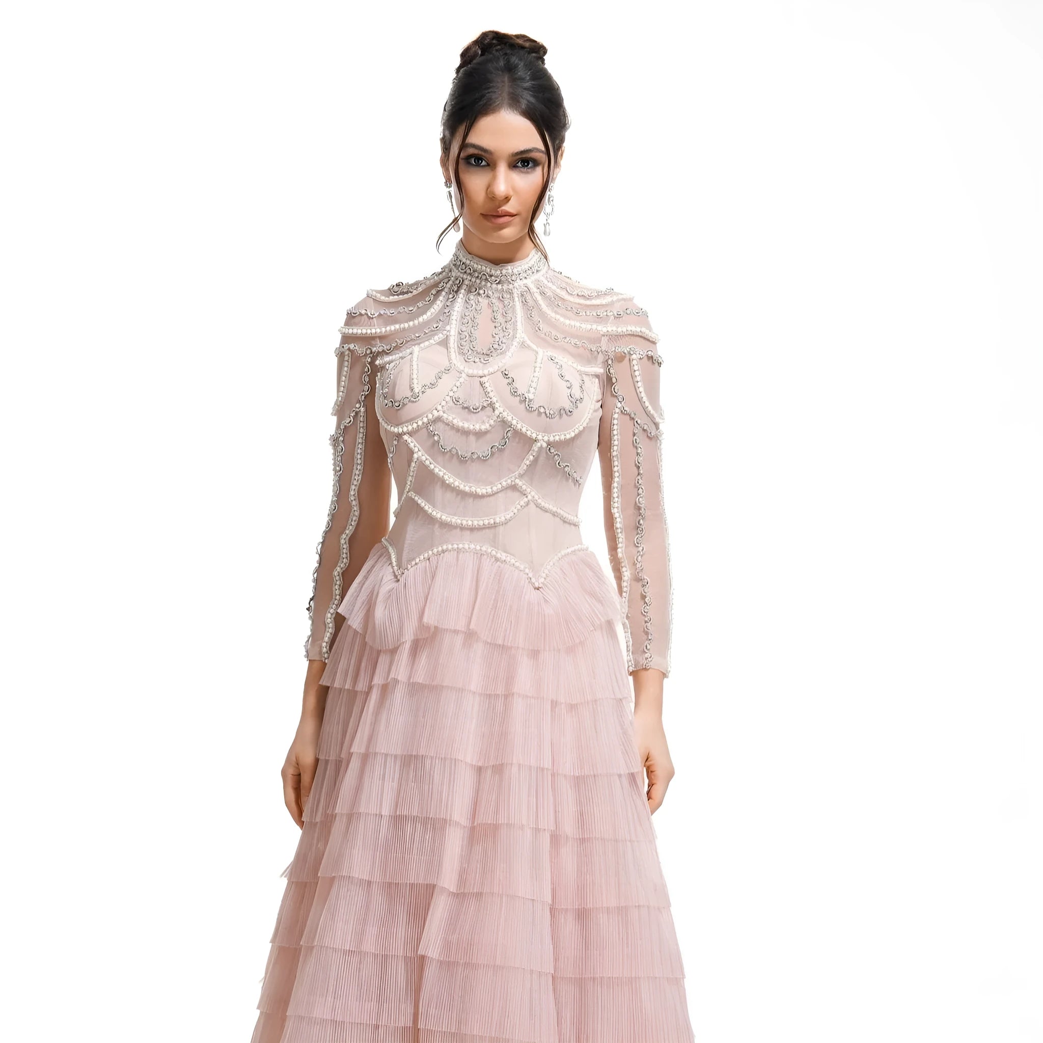 Women's black long sleeve beaded dress with a long skirt and mid waist, also available in pink.