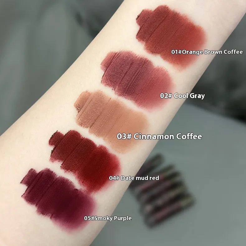 Lava Secret Matte Lip Mud Lipstick in five colour options including orange brown coffee and smoked purple.