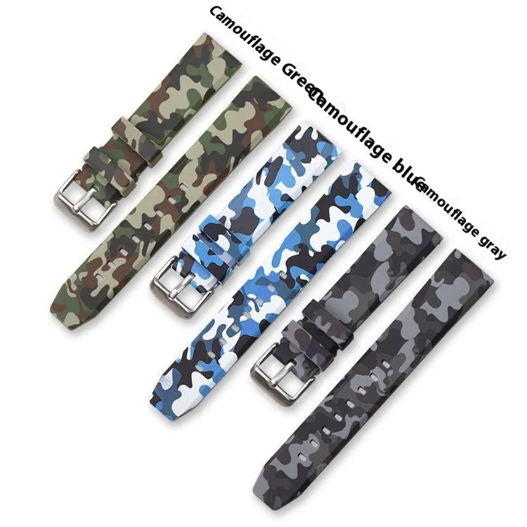 Green, blue, and grey camouflage silicone watch strap showing 20mm, 22mm, and 24mm width options.