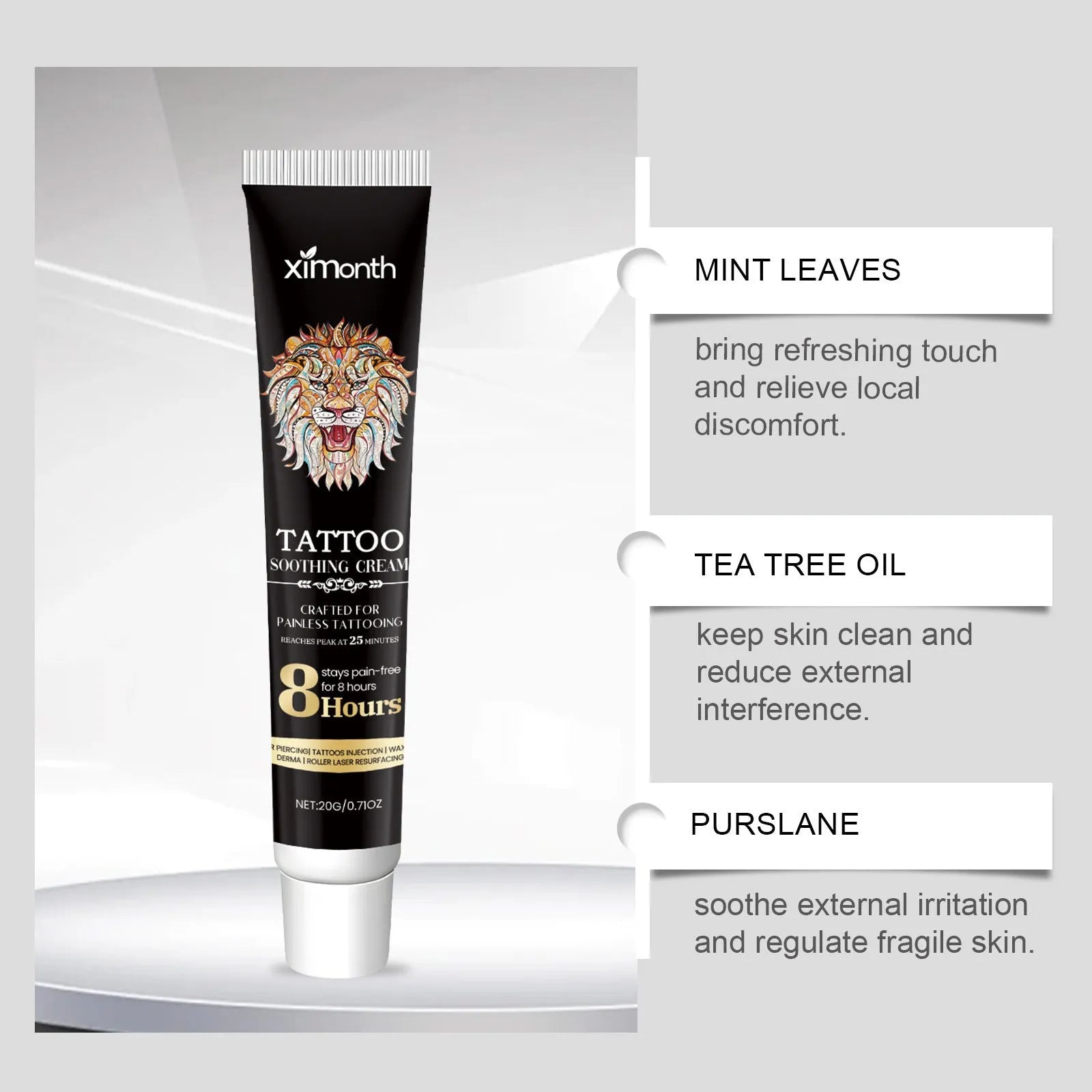 20g tattoo soothing neck cream container with botanical active ingredients for post-tattoo care