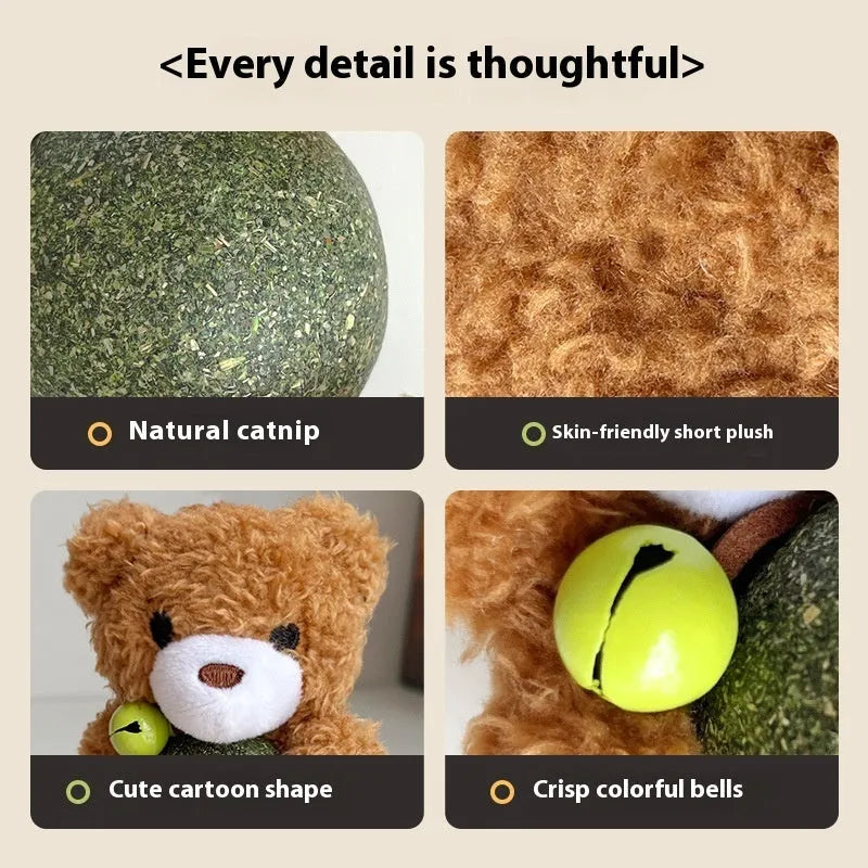 Plush catnip ball toy in brown bear design with a small bell, measuring 15cm tall.