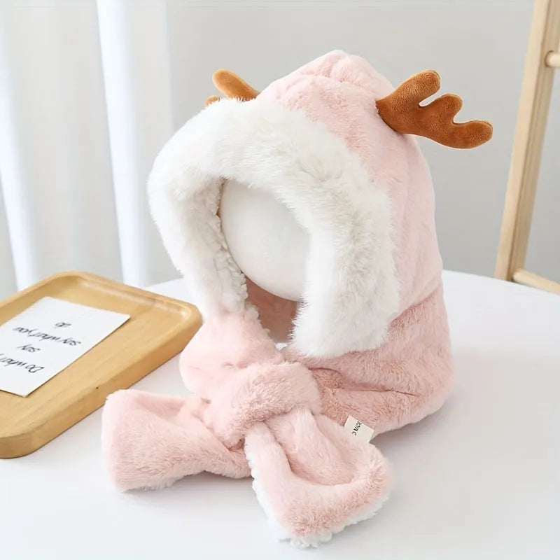 Cute deer plush winter hat with scarf for girls, 44-54cm, in blue, khaki, pink, or white.