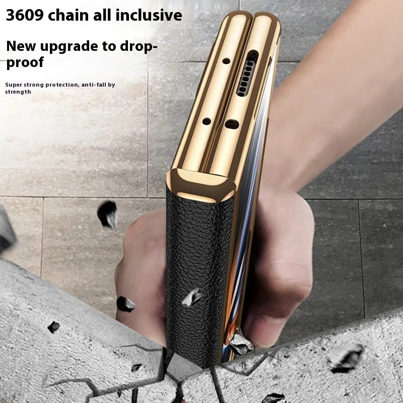 Genuine leather phone case for Samsung Galaxy Z Fold series in crocodile pattern black with built-in bracket