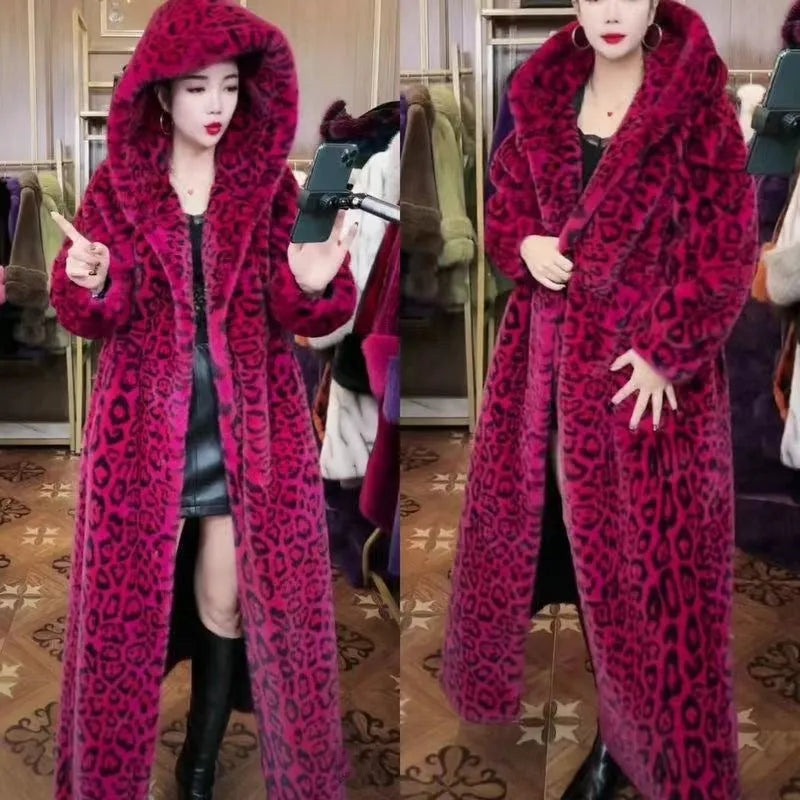 Brown leopard print loose plus size long faux fur coat for women.