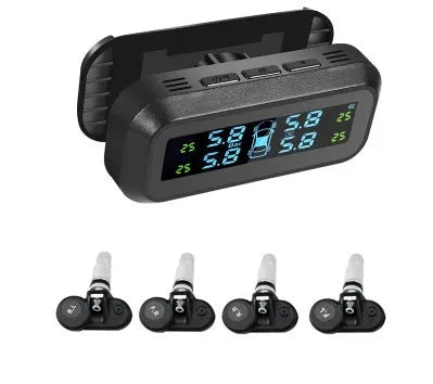 Wireless solar car tyre monitor with colour screen display and external sensors for tyre pressure and temperature monitoring