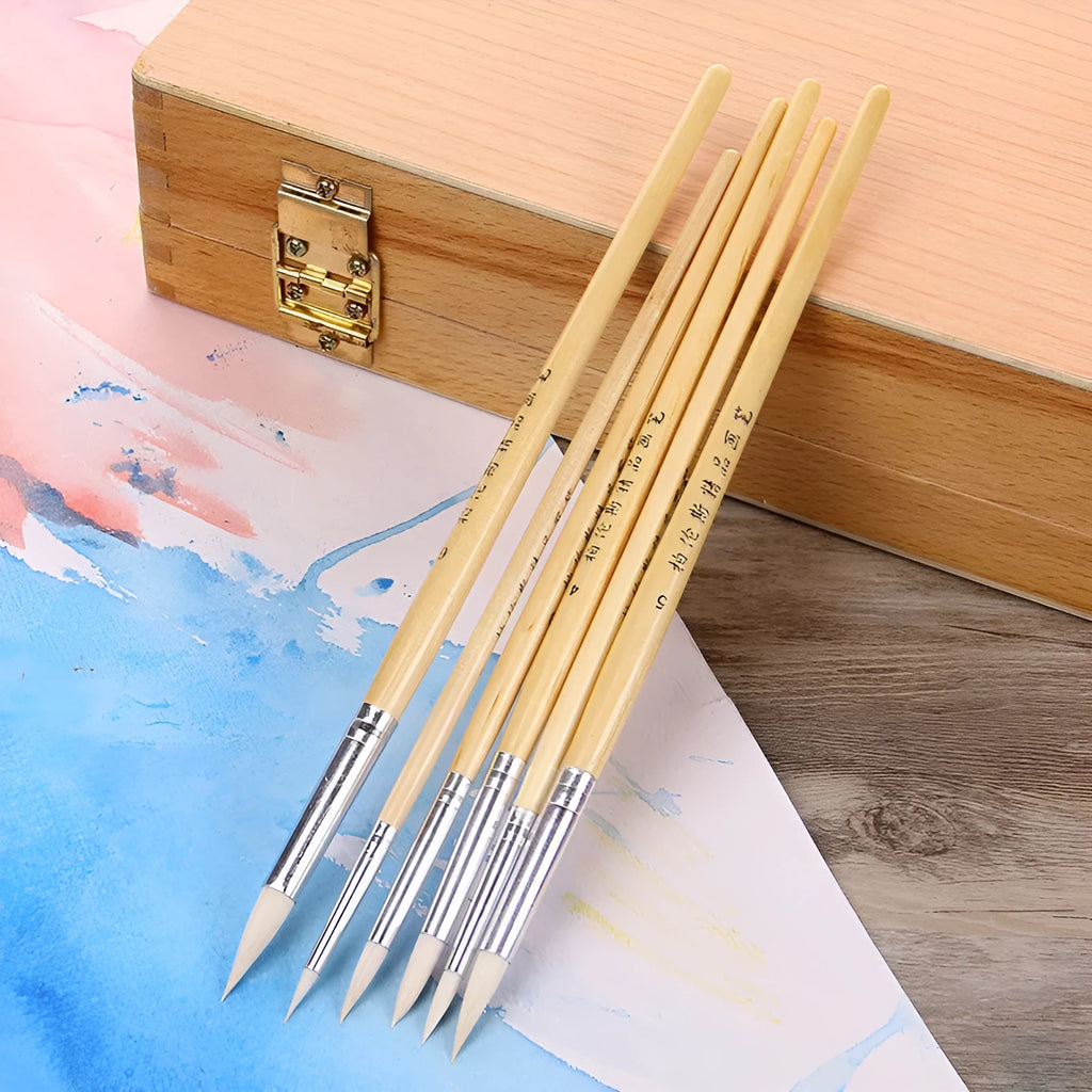 Six wooden hook line pen brushes for wool painting with natural wood handles
