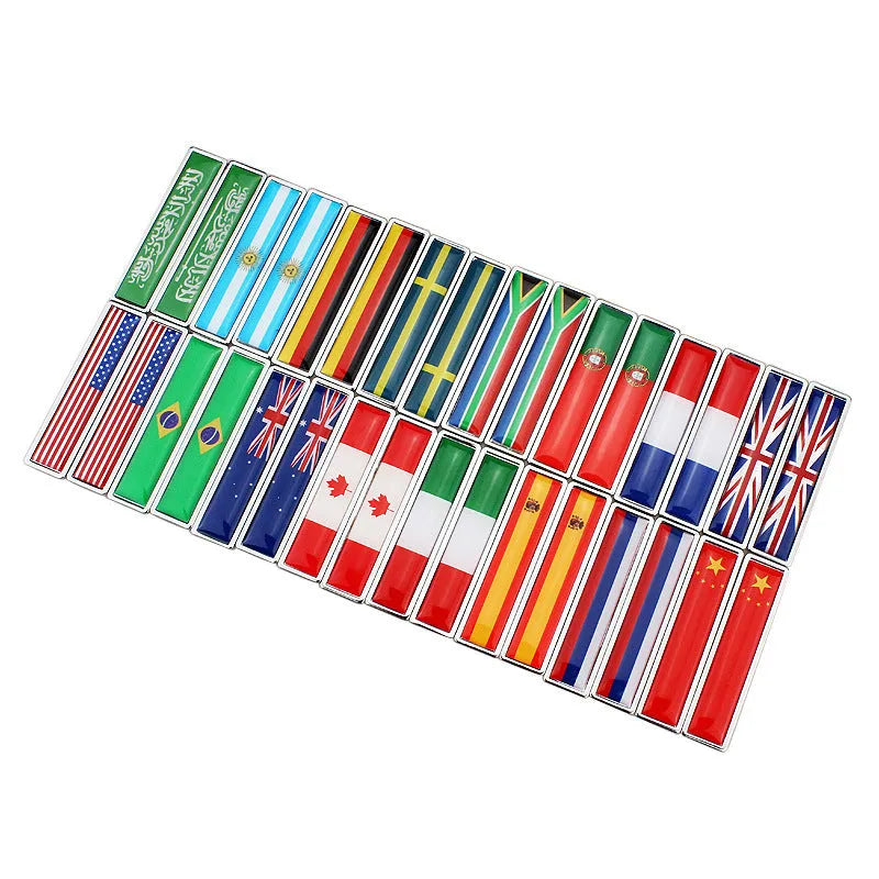 Zinc alloy car flag metal labels showing UK and USA designs at 58x14mm size