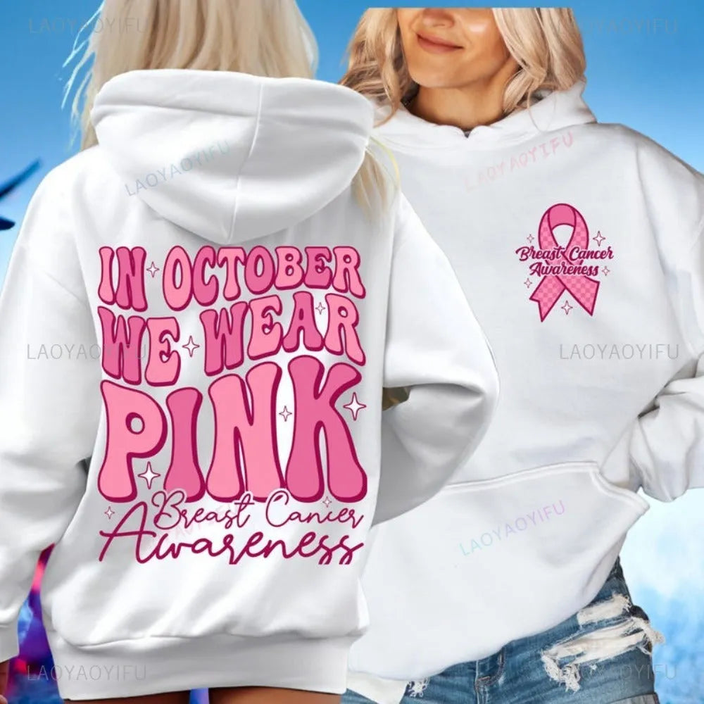 Breast Cancer Awareness hoodie with retro pattern and side seam pocket in pink colour.
